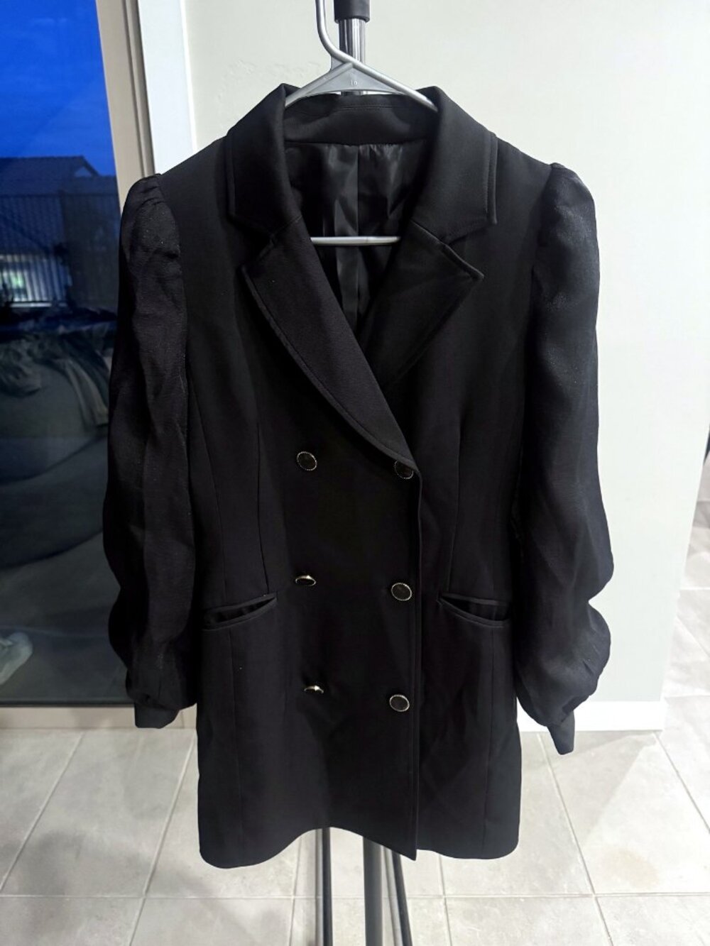 Double-Breasted Blazer Dress Black Sheer Sleeves Free Size